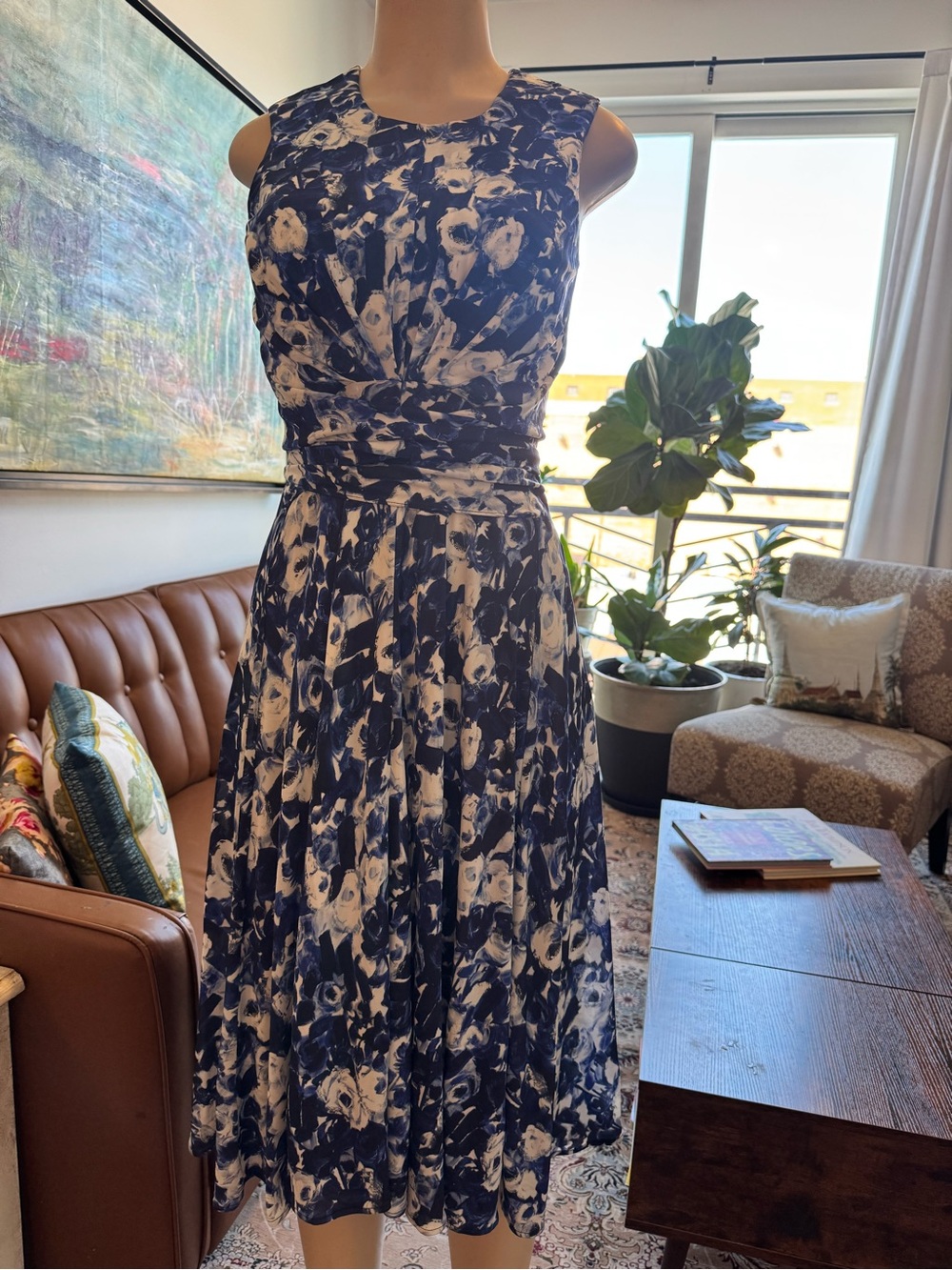 MM Lafleur Sleeveless Navy and White Floral Fit-and-Flare Dress